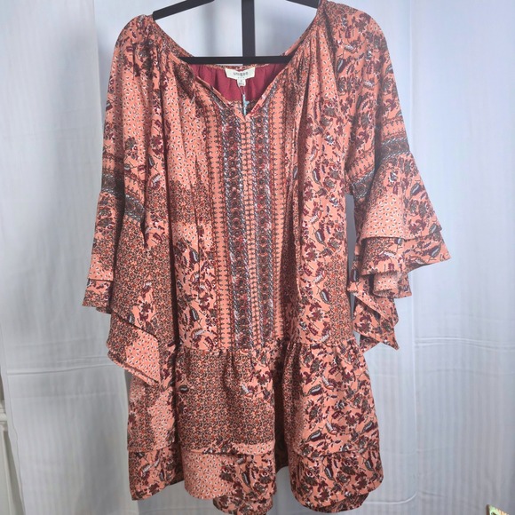 Umgee USA Floral‎ Print Dress Tiered Bell Sleeve Boho Bohemian Small S - Picture 2 of 16